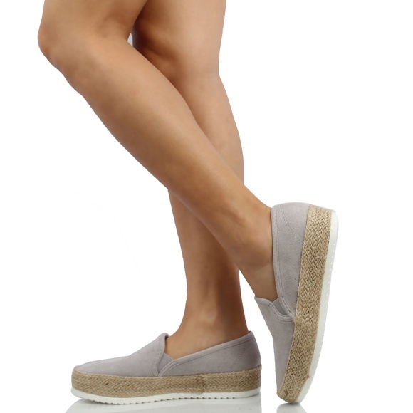 Shoes - Light Grey Faux Suede Espadrille Slip On Loafer